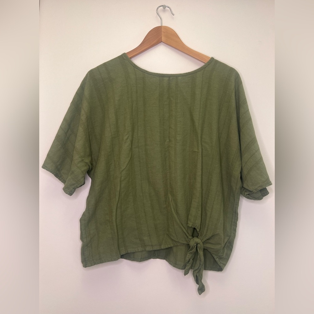 Olive Green Linen Blend Tie Front Top Lightweight Coastal Boho Blouse - Picture 2 of 6